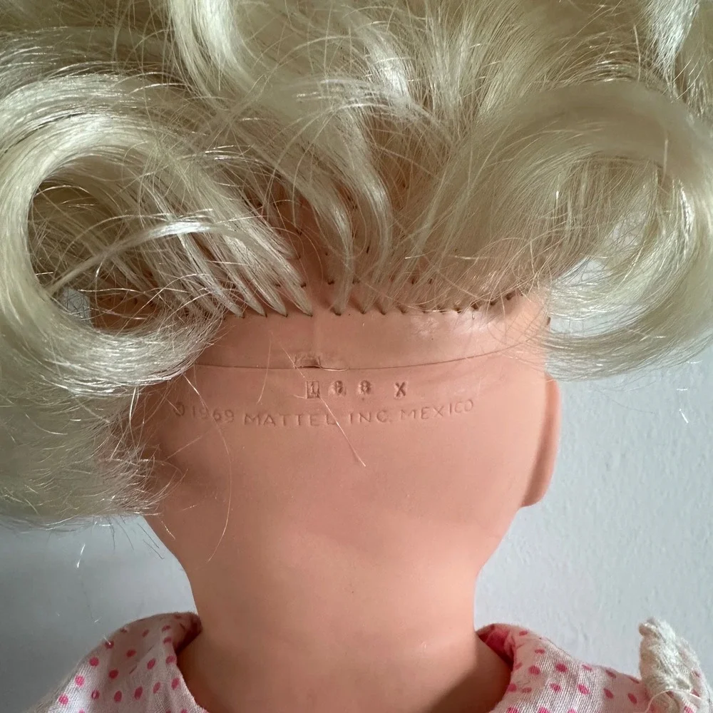 VTG 1969 Mattel Baby Tender Love Doll Blonde Hair Pink Polka Dot Dress Soft Body